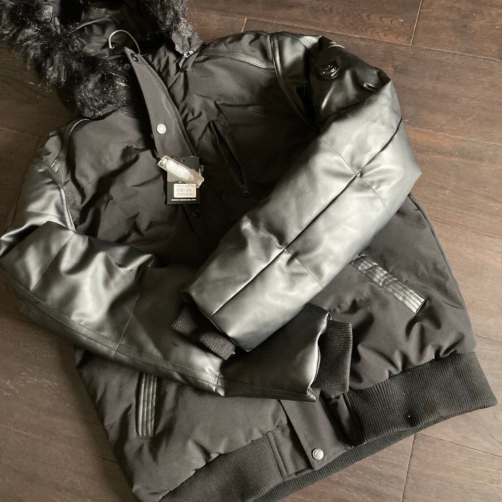 Denium District: Hood Jacket, Soft Leatherlike Sleeves & Faux Fur Trim - black - Picture 2 of 13